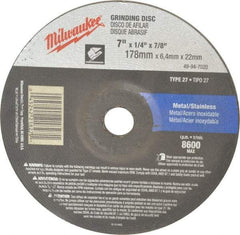 Milwaukee Tool - 24 Grit, 7" Wheel Diam, 1/4" Wheel Thickness, 7/8" Arbor Hole, Type 27 Depressed Center Wheel - Aluminum Oxide, Resinoid Bond, R Hardness, 8,600 Max RPM, Compatible with Angle Grinder - Industrial Tool & Supply