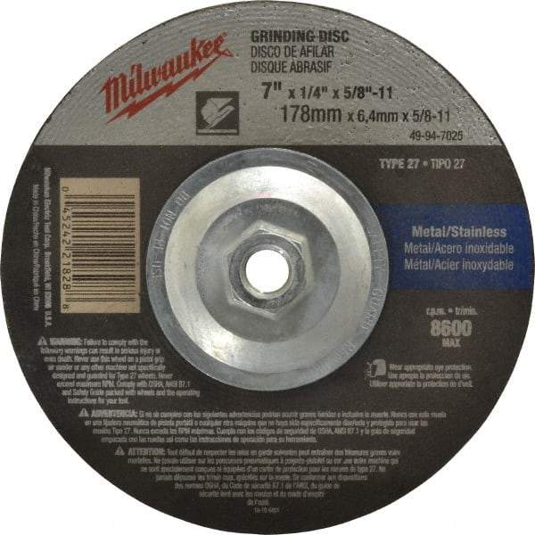 Milwaukee Tool - 24 Grit, 7" Wheel Diam, 1/4" Wheel Thickness, Type 27 Depressed Center Wheel - Aluminum Oxide, Resinoid Bond, R Hardness, 8,600 Max RPM, Compatible with Angle Grinder - Industrial Tool & Supply