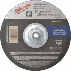 Milwaukee Tool - 24 Grit, 9" Wheel Diam, 1/4" Wheel Thickness, Type 27 Depressed Center Wheel - Aluminum Oxide, Resinoid Bond, R Hardness, 6,600 Max RPM, Compatible with Angle Grinder - Industrial Tool & Supply