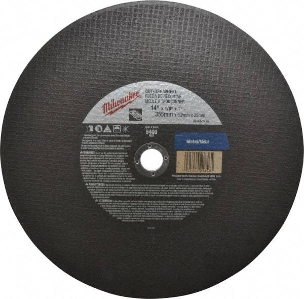 Milwaukee Tool - 14" 24 Grit Aluminum Oxide Cutoff Wheel - 1/8" Thick, 1" Arbor, 5,400 Max RPM, Use with Angle Grinders - Industrial Tool & Supply