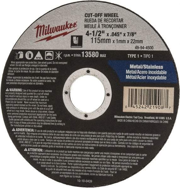 Milwaukee Tool - 4-1/2" 60 Grit Aluminum Oxide Cutoff Wheel - 0.045" Thick, 7/8" Arbor, 13,580 Max RPM, Use with Angle Grinders - Industrial Tool & Supply