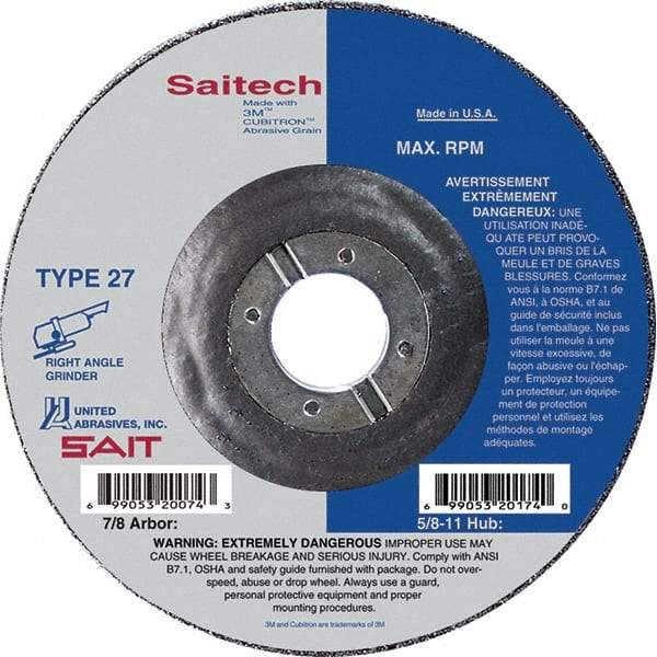 Sait - 4-1/2" Wheel Diam, 1/4" Wheel Thickness, 7/8" Arbor Hole, Type 27 Depressed Center Wheel - Ceramic, Resinoid Bond, 13,300 Max RPM, Compatible with Angle Grinder - Industrial Tool & Supply