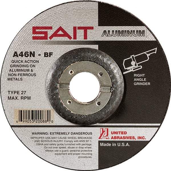Sait - 46 Grit, 7" Wheel Diam, 1/4" Wheel Thickness, 7/8" Arbor Hole, Type 27 Depressed Center Wheel - Aluminum Oxide, Resinoid Bond, N Hardness, 8,500 Max RPM, Compatible with Angle Grinder - Industrial Tool & Supply