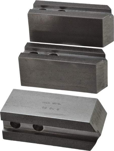 H & R Manufacturing - 1.5mm x 60° Serrated Attachment, Square Soft Lathe Chuck Jaw - 3 Jaws, Steel, 1.181" Btw Mount Hole Ctrs, 5" Long x 1-3/4" Wide x 2" High, 0.63" Groove, 12mm Fastener - Industrial Tool & Supply