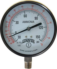 Winters - 4" Dial, 1/4 Thread, 30-0-150 Scale Range, Pressure Gauge - Lower Connection Mount, Accurate to 3-2-3% of Scale - Industrial Tool & Supply
