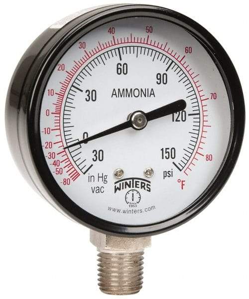 Winters - 2-1/2" Dial, 1/4 Thread, 30-0-150 Scale Range, Pressure Gauge - Lower Connection Mount, Accurate to 3-2-3% of Scale - Industrial Tool & Supply