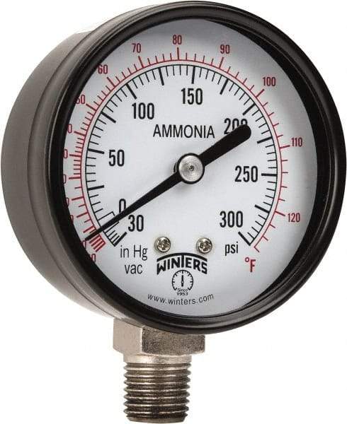 Winters - 2-1/2" Dial, 1/4 Thread, 30-0-300 Scale Range, Pressure Gauge - Lower Connection Mount, Accurate to 3-2-3% of Scale - Industrial Tool & Supply