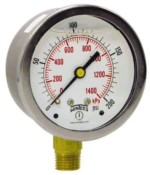 Winters - 2-1/2" Dial, 1/4 Thread, 0-160 Scale Range, Pressure Gauge - Lower Connection Mount, Accurate to 1.5% of Scale - Industrial Tool & Supply