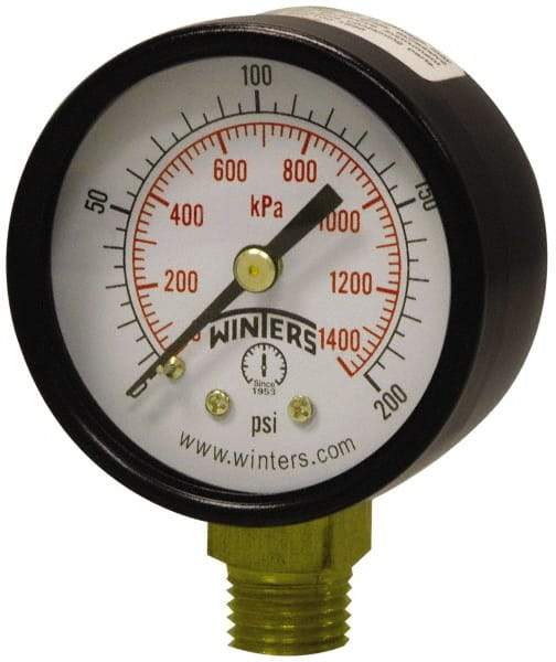 Winters - 2" Dial, 1/4 Thread, 0-300 Scale Range, Pressure Gauge - Lower Connection Mount, Accurate to 3-2-3% of Scale - Industrial Tool & Supply