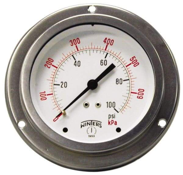 Winters - 2-1/2" Dial, 1/4 Thread, 0-600 Scale Range, Pressure Gauge - Front Flange Panel Mount, Center Back Connection Mount, Accurate to 1.5% of Scale - Industrial Tool & Supply