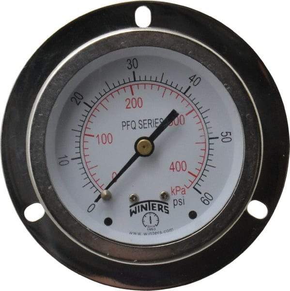 Winters - 2-1/2" Dial, 1/4 Thread, 0-60 Scale Range, Pressure Gauge - Front Flange Panel Mount, Center Back Connection Mount, Accurate to 1.5% of Scale - Industrial Tool & Supply