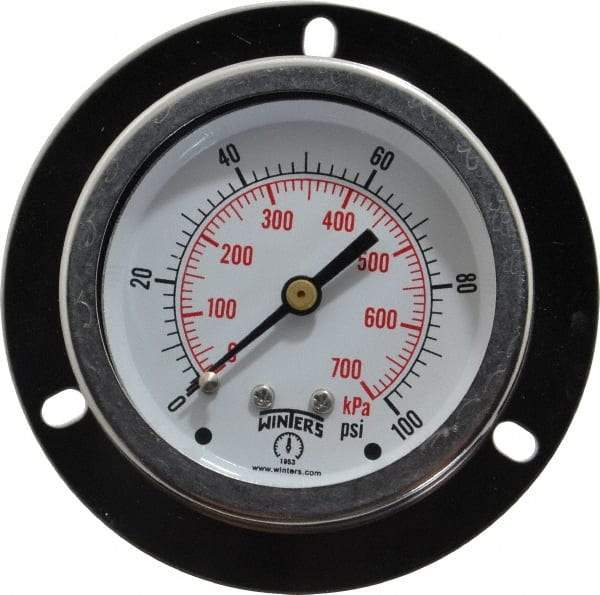 Winters - 2-1/2" Dial, 1/4 Thread, 0-100 Scale Range, Pressure Gauge - Front Flange Panel Mount, Center Back Connection Mount, Accurate to 1.5% of Scale - Industrial Tool & Supply