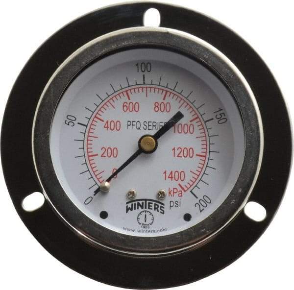 Winters - 2-1/2" Dial, 1/4 Thread, 0-200 Scale Range, Pressure Gauge - Front Flange Panel Mount, Center Back Connection Mount, Accurate to 1.5% of Scale - Industrial Tool & Supply