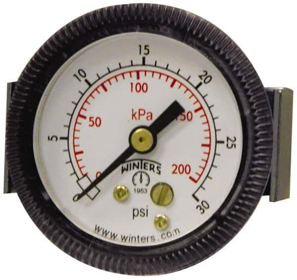 Winters - 2" Dial, 1/8 Thread, 0-30 Scale Range, Pressure Gauge - U-Clamp Panel Mount, Center Back Connection Mount, Accurate to 2.5% of Scale - Industrial Tool & Supply