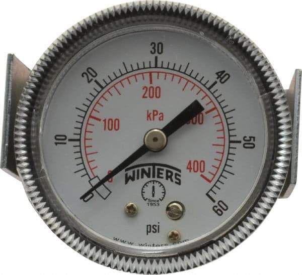 Winters - 2" Dial, 1/8 Thread, 0-60 Scale Range, Pressure Gauge - U-Clamp Panel Mount, Center Back Connection Mount, Accurate to 2.5% of Scale - Industrial Tool & Supply