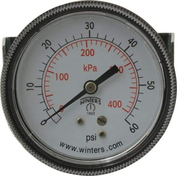 Winters - 2-1/2" Dial, 1/4 Thread, 0-60 Scale Range, Pressure Gauge - U-Clamp Panel Mount, Center Back Connection Mount, Accurate to 2.5% of Scale - Industrial Tool & Supply