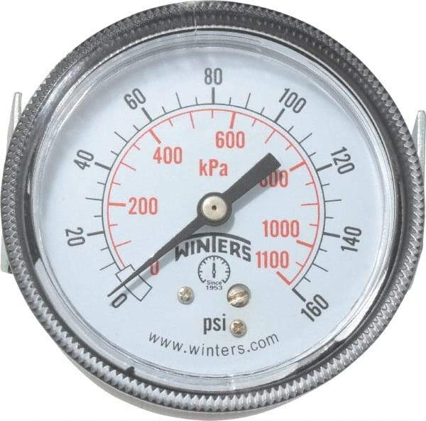 Winters - 2-1/2" Dial, 1/4 Thread, 0-160 Scale Range, Pressure Gauge - U-Clamp Panel Mount, Center Back Connection Mount, Accurate to 2.5% of Scale - Industrial Tool & Supply