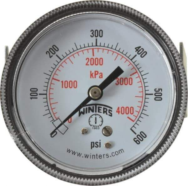 Winters - 2-1/2" Dial, 1/4 Thread, 0-600 Scale Range, Pressure Gauge - U-Clamp Panel Mount, Center Back Connection Mount, Accurate to 2.5% of Scale - Industrial Tool & Supply