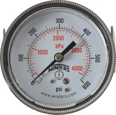 Winters - 2-1/2" Dial, 1/4 Thread, 0-600 Scale Range, Pressure Gauge - U-Clamp Panel Mount, Center Back Connection Mount, Accurate to 2.5% of Scale - Industrial Tool & Supply