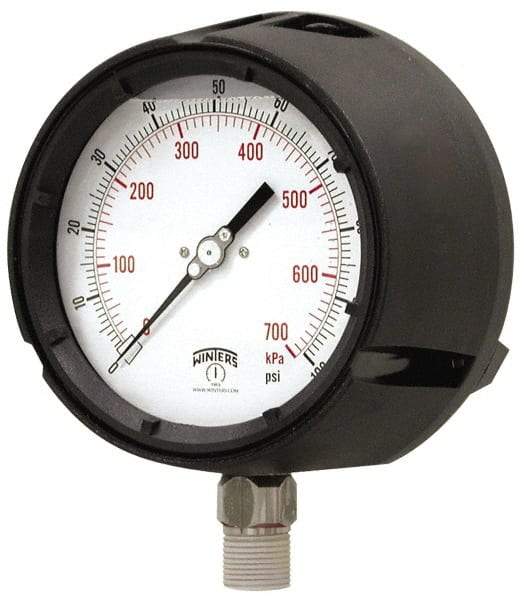 Winters - 4-1/2" Dial, 1/2 Thread, 0-300 Scale Range, Pressure Gauge - Lower Connection Mount, Accurate to 0.5% of Scale - Industrial Tool & Supply