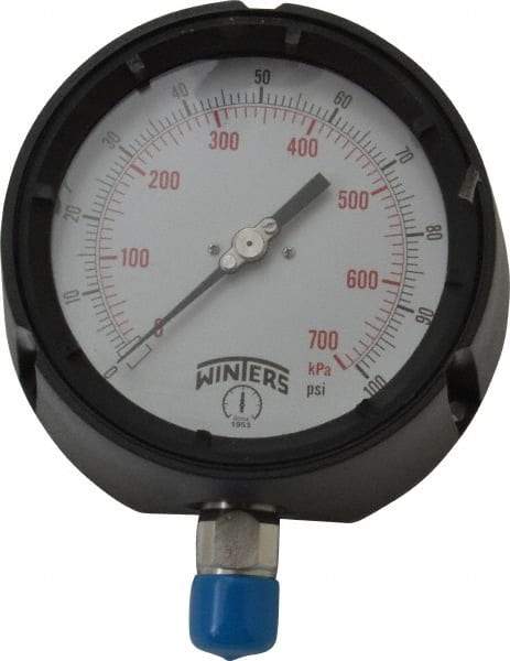 Winters - 4-1/2" Dial, 1/2 Thread, 0-100 Scale Range, Pressure Gauge - Lower Connection Mount, Accurate to 0.5% of Scale - Industrial Tool & Supply