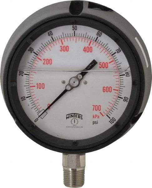 Winters - 4-1/2" Dial, 1/2 Thread, 0-100 Scale Range, Pressure Gauge - Lower Connection Mount, Accurate to 0.5% of Scale - Industrial Tool & Supply