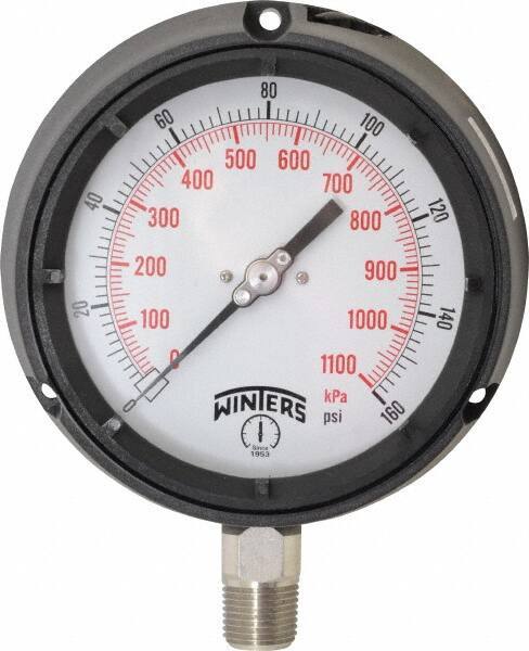 Winters - 4-1/2" Dial, 1/2 Thread, 0-160 Scale Range, Pressure Gauge - Lower Connection Mount, Accurate to 0.5% of Scale - Industrial Tool & Supply