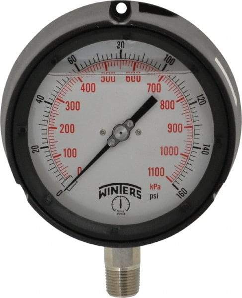 Winters - 4-1/2" Dial, 1/2 Thread, 0-160 Scale Range, Pressure Gauge - Lower Connection Mount, Accurate to 0.5% of Scale - Industrial Tool & Supply