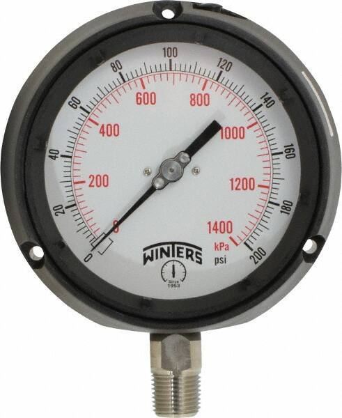 Winters - 4-1/2" Dial, 1/2 Thread, 0-200 Scale Range, Pressure Gauge - Lower Connection Mount, Accurate to 0.5% of Scale - Industrial Tool & Supply