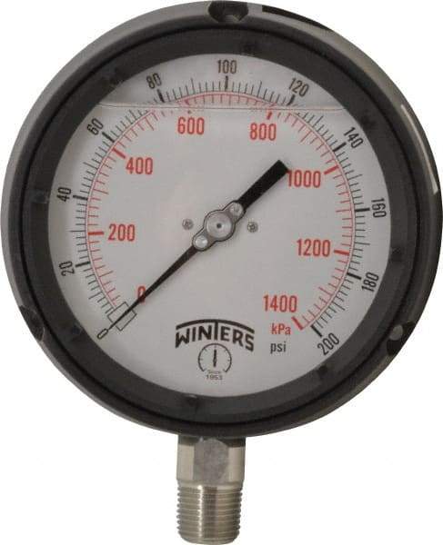 Winters - 4-1/2" Dial, 1/2 Thread, 0-200 Scale Range, Pressure Gauge - Lower Connection Mount, Accurate to 0.5% of Scale - Industrial Tool & Supply