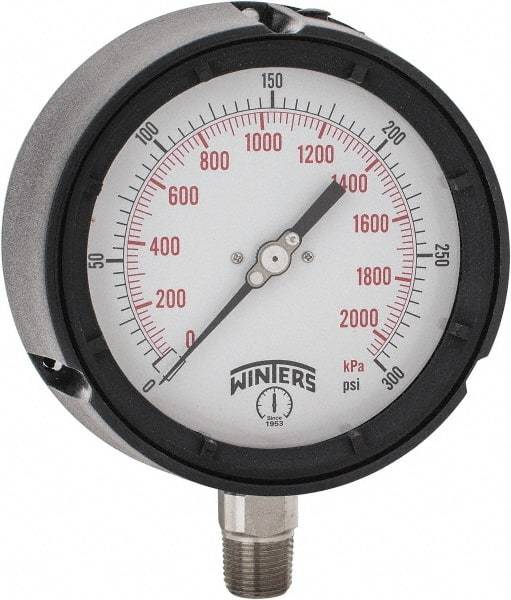 Winters - 4-1/2" Dial, 1/2 Thread, 0-300 Scale Range, Pressure Gauge - Lower Connection Mount, Accurate to 0.5% of Scale - Industrial Tool & Supply