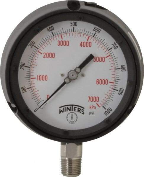 Winters - 4-1/2" Dial, 1/2 Thread, 0-1,000 Scale Range, Pressure Gauge - Lower Connection Mount, Accurate to 0.5% of Scale - Industrial Tool & Supply