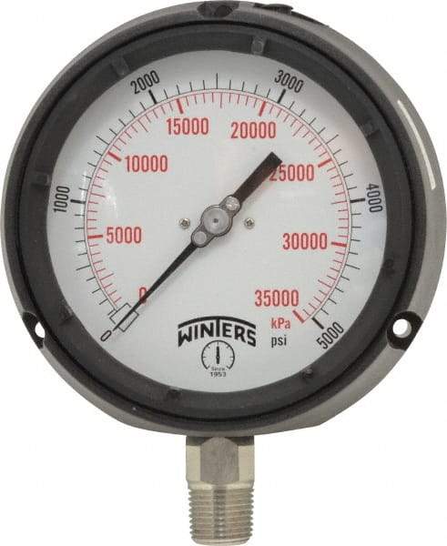 Winters - 4-1/2" Dial, 1/2 Thread, 0-5,000 Scale Range, Pressure Gauge - Lower Connection Mount, Accurate to 0.5% of Scale - Industrial Tool & Supply