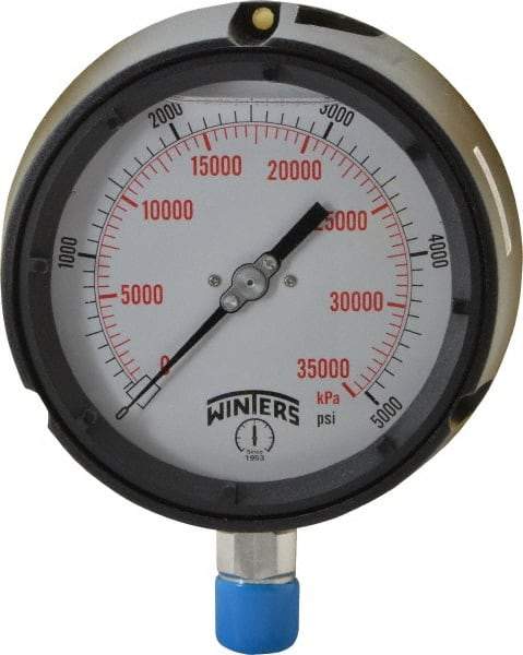 Winters - 4-1/2" Dial, 1/2 Thread, 0-5,000 Scale Range, Pressure Gauge - Lower Connection Mount, Accurate to 0.5% of Scale - Industrial Tool & Supply
