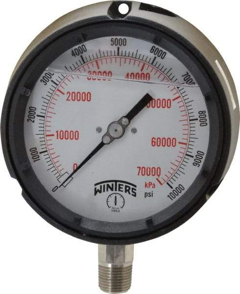 Winters - 4-1/2" Dial, 1/2 Thread, 0-10,000 Scale Range, Pressure Gauge - Lower Connection Mount, Accurate to 0.5% of Scale - Industrial Tool & Supply