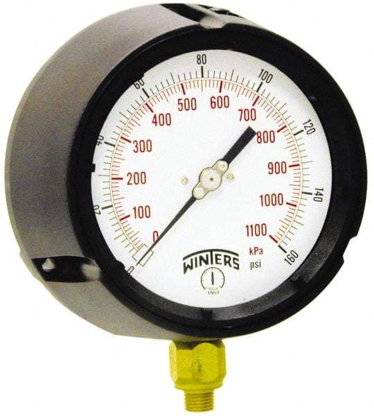 Winters - 4-1/2" Dial, 1/4 Thread, 0-60 Scale Range, Pressure Gauge - Lower Connection Mount, Accurate to 0.5% of Scale - Industrial Tool & Supply