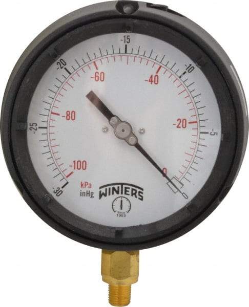 Winters - 4-1/2" Dial, 1/4 Thread, 30-0 Scale Range, Pressure Gauge - Lower Connection Mount, Accurate to 0.5% of Scale - Industrial Tool & Supply