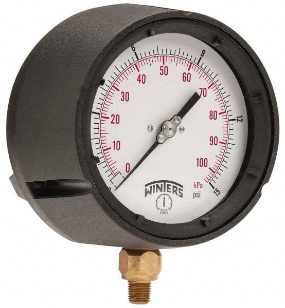 Winters - 4-1/2" Dial, 1/4 Thread, 0-15 Scale Range, Pressure Gauge - Lower Connection Mount, Accurate to 0.5% of Scale - Industrial Tool & Supply