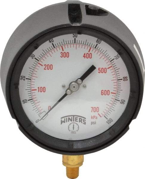 Winters - 4-1/2" Dial, 1/4 Thread, 0-100 Scale Range, Pressure Gauge - Lower Connection Mount, Accurate to 0.5% of Scale - Industrial Tool & Supply