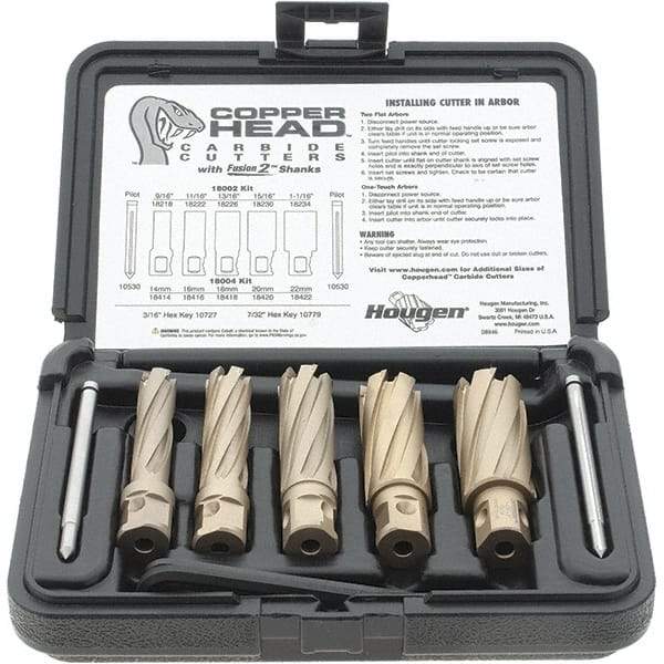 Hougen - 8 Piece, 9/16 to 1-1/16" Cutter Diam, 2" Cutting Depth, Carbide-Tipped Annular Cutter Set - Bright Finish, 3/4" Shank Diam, 9/16, 11/16, 13/16, 15/16, 1-1/16" Cutter Diams, 2 Flats on Shank - Industrial Tool & Supply