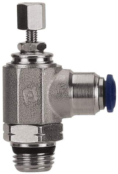 Value Collection - 1/4" Pipe, Angled Miniature Needle Valve - Buna Seal, Male x Push to Connect Ends, Nickel Plated Brass Valve, 145 Max psi - Industrial Tool & Supply