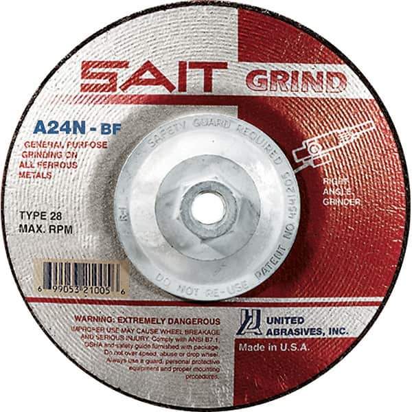 Sait - 24 Grit, 4-1/2" Wheel Diam, 1/4" Wheel Thickness, Type 28 Depressed Center Wheel - Aluminum Oxide, Resinoid Bond, N Hardness, 13,300 Max RPM, Compatible with Angle Grinder - Industrial Tool & Supply