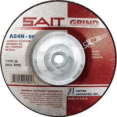Sait - 24 Grit, 4-1/2" Wheel Diam, 1/4" Wheel Thickness, Type 28 Depressed Center Wheel - Aluminum Oxide, Resinoid Bond, N Hardness, 13,300 Max RPM, Compatible with Angle Grinder - Industrial Tool & Supply