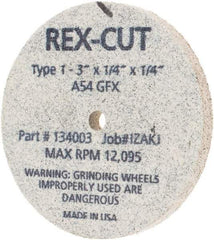Rex Cut Product - 3" Diam x 1/4" Hole x 1/4" Thick, 54 Grit Surface Grinding Wheel - Aluminum Oxide, Type 1, Coarse Grade, 12,095 Max RPM, Rubber Bond, No Recess - Industrial Tool & Supply