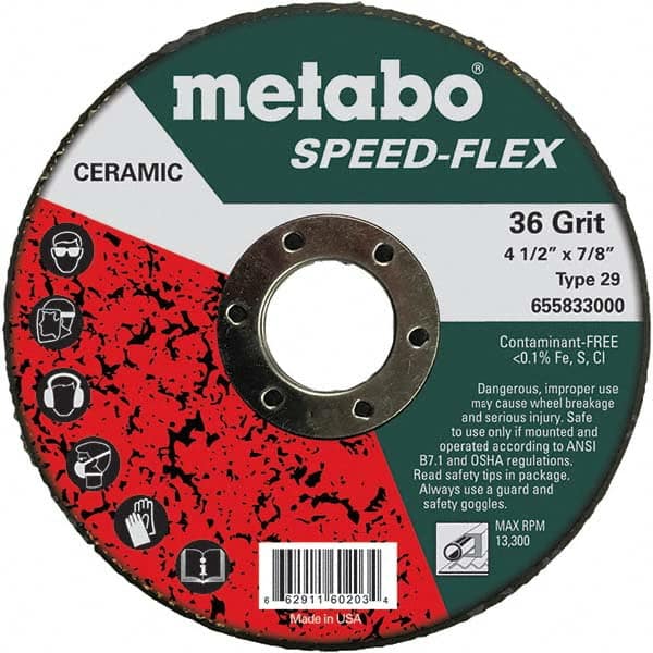 Metabo - 4-1/2" Diam, 7/8" Hole, 36 Grit Ceramic Alumina Fiber Disc - Industrial Tool & Supply