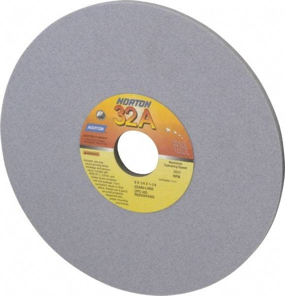Norton - 8" Diam x 1-1/4" Hole x 1/4" Thick, L Hardness, 80 Grit Surface Grinding Wheel - Aluminum Oxide, Type 1, Medium Grade, 3,600 Max RPM, Vitrified Bond, No Recess - Industrial Tool & Supply