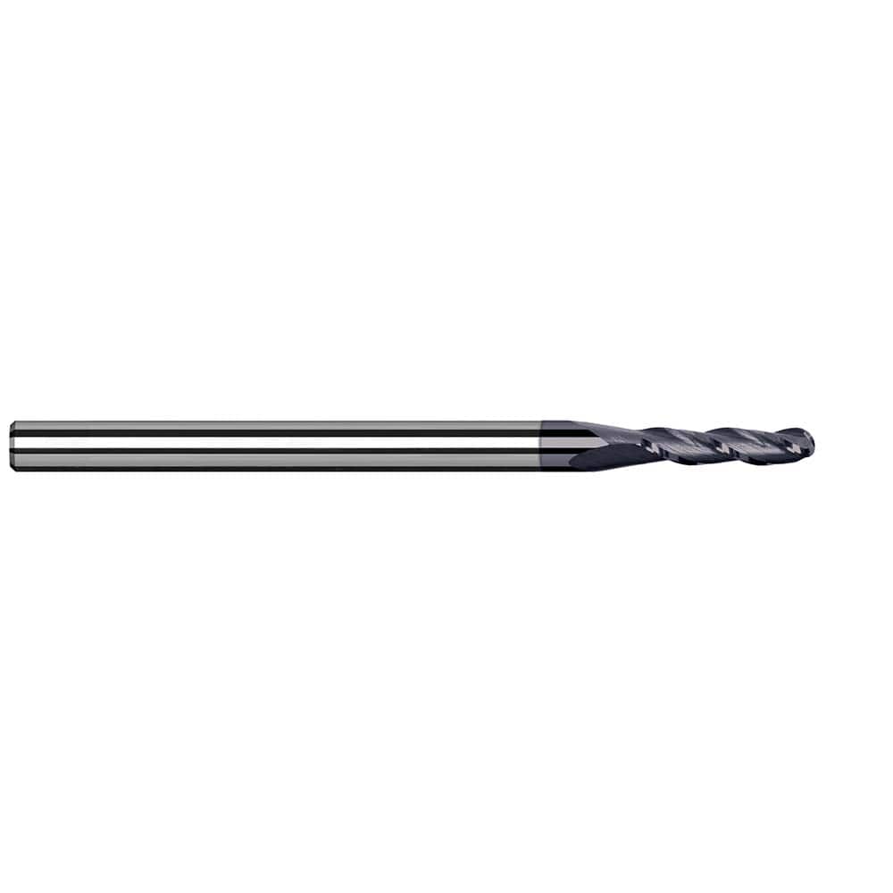 Ball End Mill: 0.1181″ Dia, 0.3543″ LOC, 4 Flute, Solid Carbide 50 mm OAL, 4 mm Shank Dia, 34 ° Helix, AlTiN Nano Coated, Single End