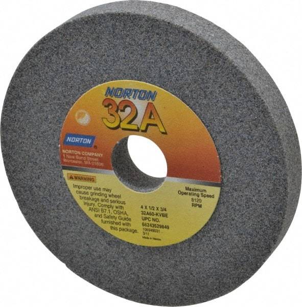 Norton - 60 Grit Aluminum Oxide Type 1 Internal Grinding Wheel - 4" Diam x 3/4" Hole x 1/2" Thick, 8,120 Max RPM, Type 1 Medium Grade, K Hardness, Vitrified Bond, One-Side Recess - Industrial Tool & Supply