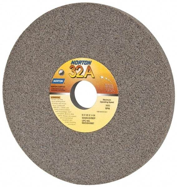 Norton - 8" Diam x 1-1/4" Hole x 1/2" Thick, G Hardness, 60 Grit Surface Grinding Wheel - Aluminum Oxide, Type 1, Medium Grade, 3,600 Max RPM, Vitrified Bond, No Recess - Industrial Tool & Supply
