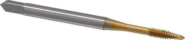 OSG - #4-40 UNC, 2 Flute, TiN Finish, Vanadium High Speed Steel Spiral Point Tap - Plug Chamfer, Right Hand Thread, 1-7/8" OAL, 9/16" Thread Length, 0.141" Shank Diam, 2B/3B Class of Fit - Exact Industrial Supply
